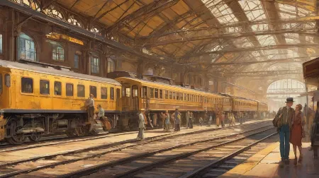 Ilustracja starego dworca kolejowego, uchwycająca nostalgię minionej epoki. Dworzec, z jego zabytkową architekturą i zwietrzałym wyglądem, stoi wyraźnie na pierwszym planie, wywołując poczucie historii i ponadczasowości.