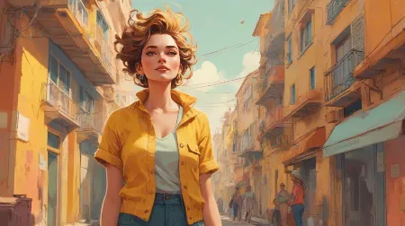 Ilustracja kobiety przypominającej prompt 'Žena jako já'. Stoi wyraźnie na pierwszym planie, emanując pewnością siebie i emocjami, oddając istotę nowoczesnej kobiecości.